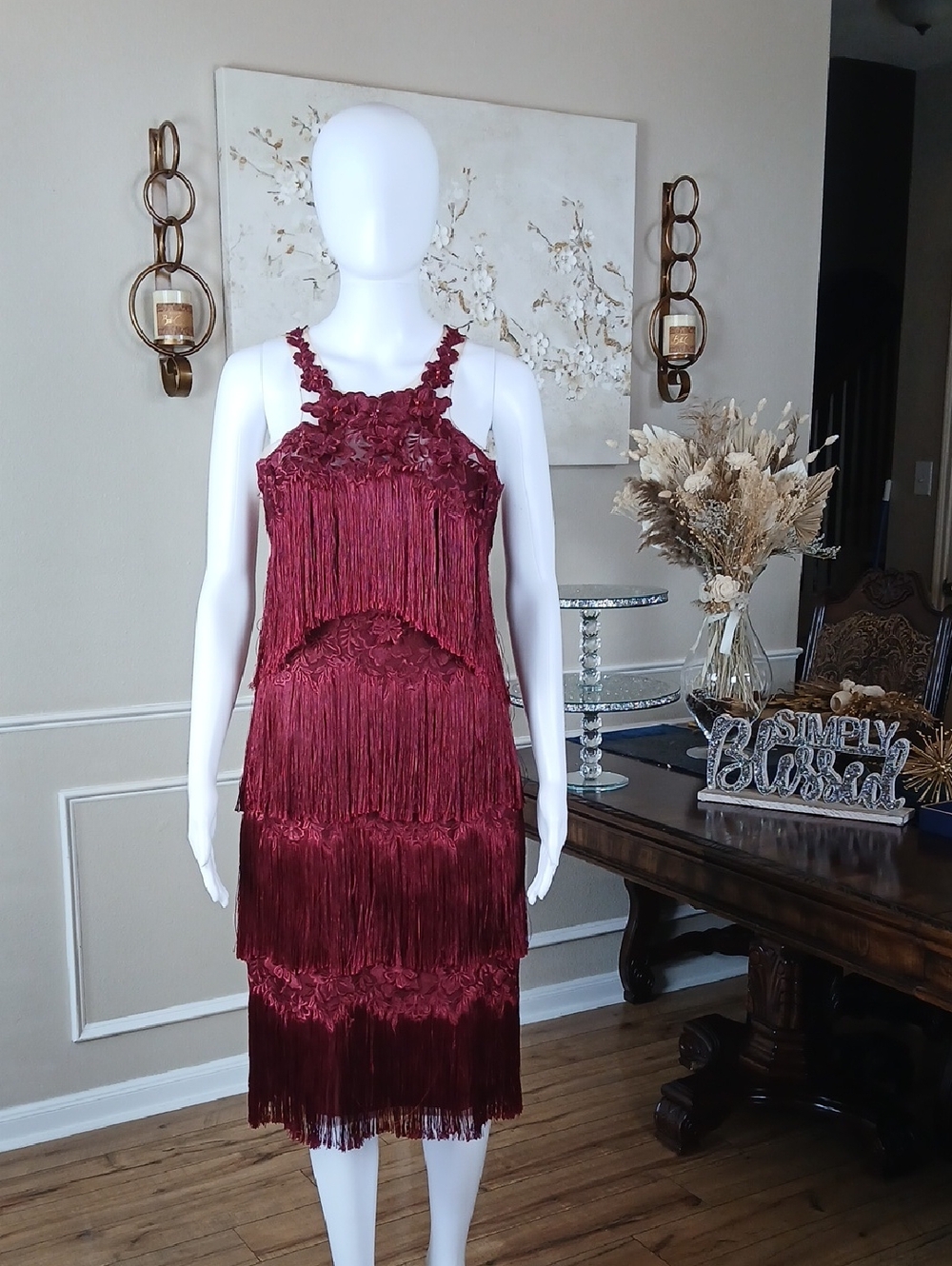 New Women's Fringed Wine Embroidered Cocktail Dress By Marchesa Notte. Size 2 - Picture 13 of 16